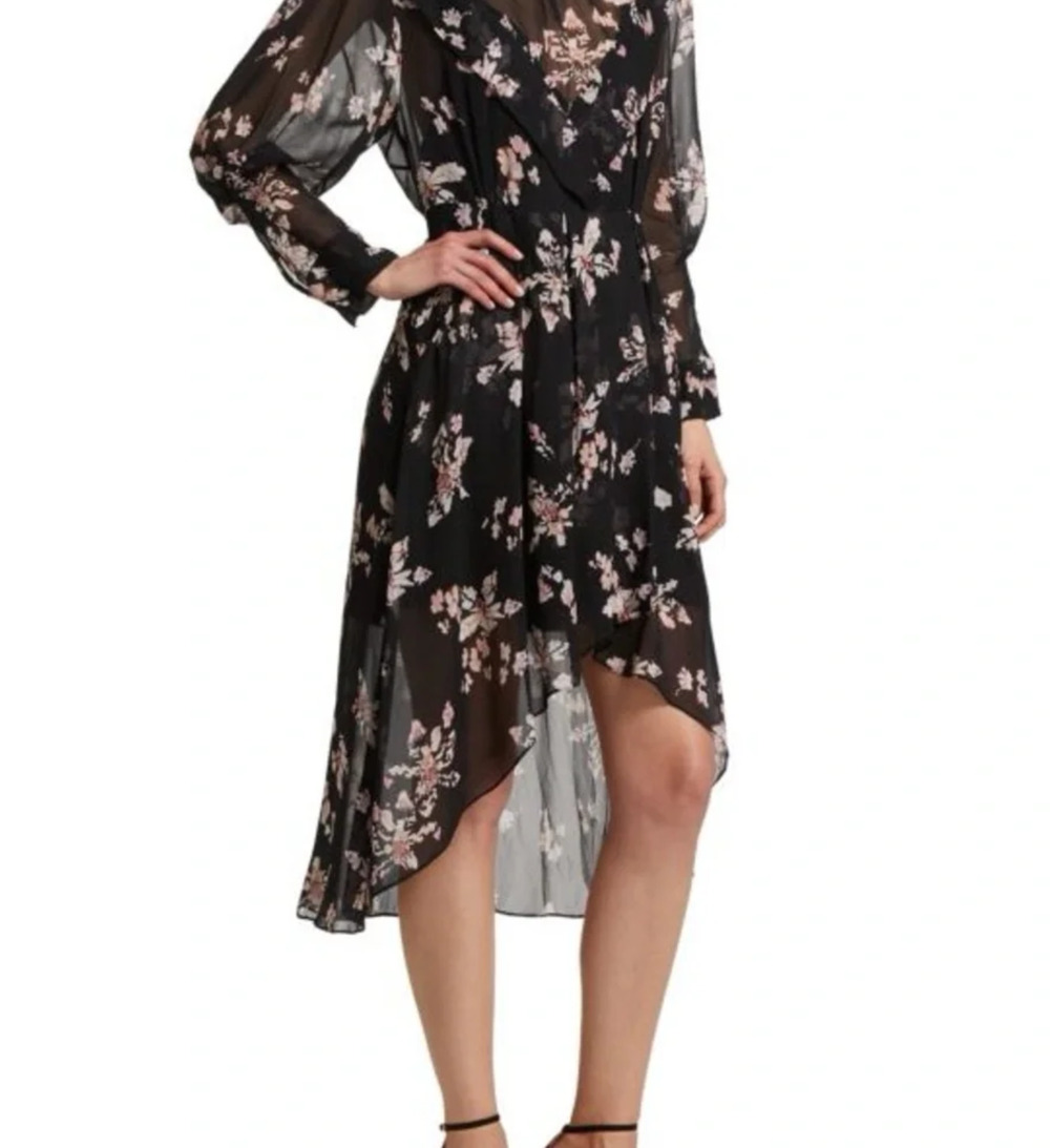 IRO lliona Chiffon Floral A-Symmetric Dress Black EU 36 / US 4 Cocktail Party